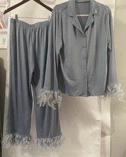 Blue Feather Trim Pajama Set
